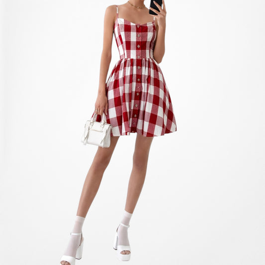 Vintage Y2K Red White Checkered Gingham Flared A-Line Knee Length Dress Size M