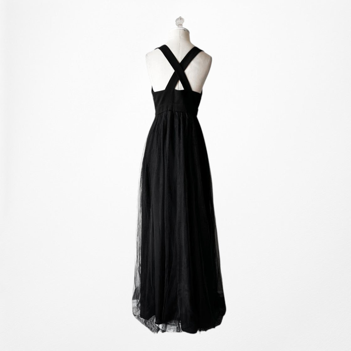Vintage Y2K Black Sleeveless V-Neck Tulle A-Line Maxi Cocktail Dress Size S