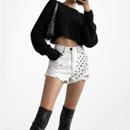 Vintage Y2K BDG White High Waisted Distressed Studded Denim Shorts Size XS