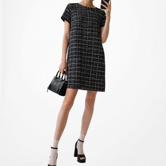 Vintage Y2K Black Pink Short Sleeve Tweed Plaid Shift Knee Length Dress Size M