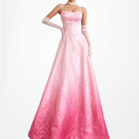 Vintage Y2K 90s Pink Ombre Beaded Lace Up Flared Princess Maxi Prom Dress XS/S
