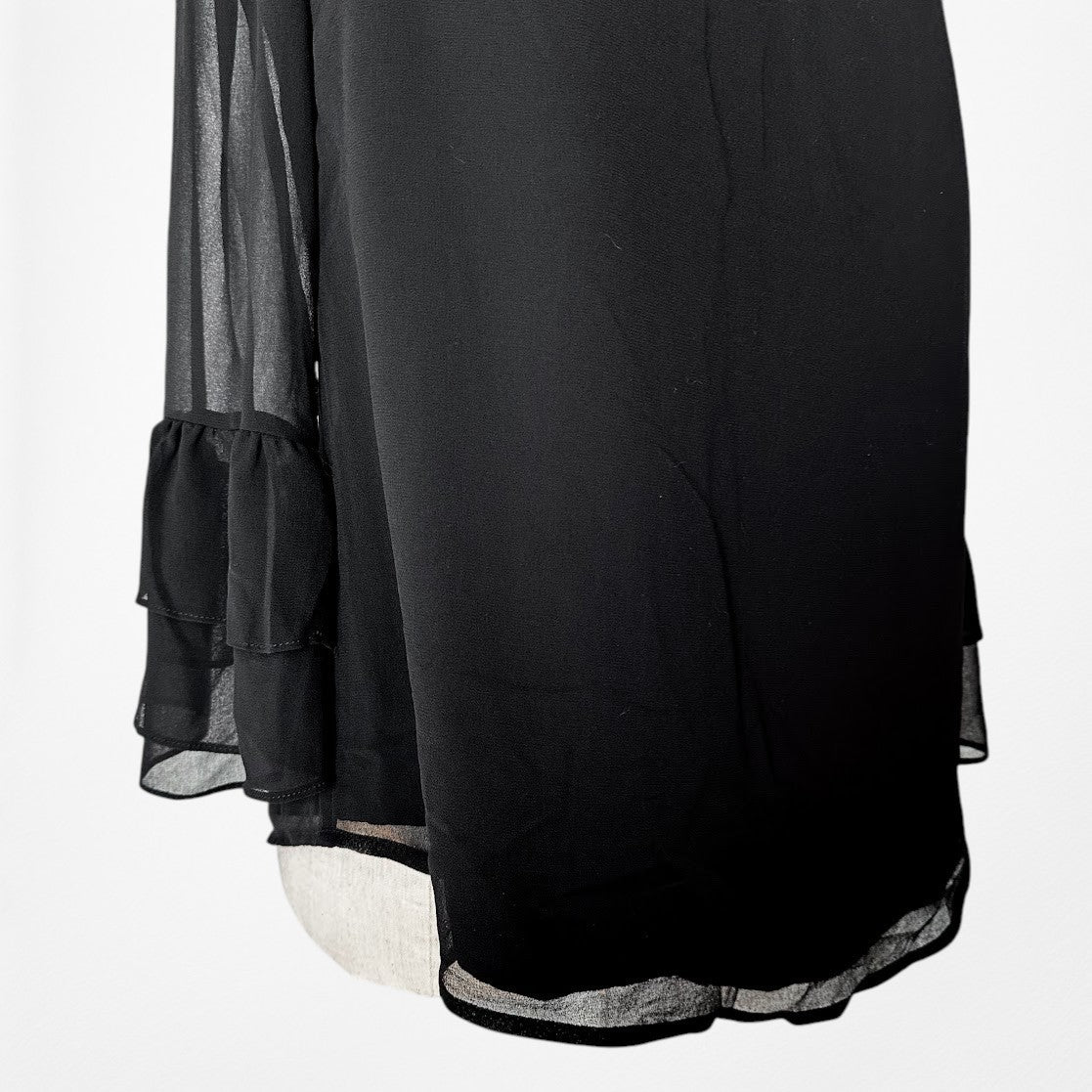 Vintage Y2K Black Semi Sheer Chiffon Long Flared Bell Sleeve Top Blouse Size S/M