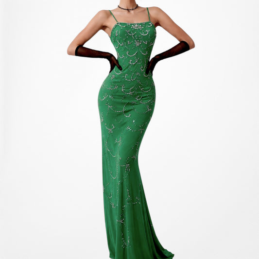 Vintage Y2K Green Sequin Beaded Mesh Bodycon Maxi Formal Prom Dress Size XXS/XS