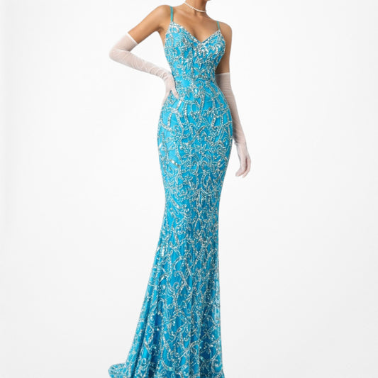 Vintage Y2K 90s Blue Knit Mesh Beaded Maxi Bodycon Formal Prom Gown Dress Size S