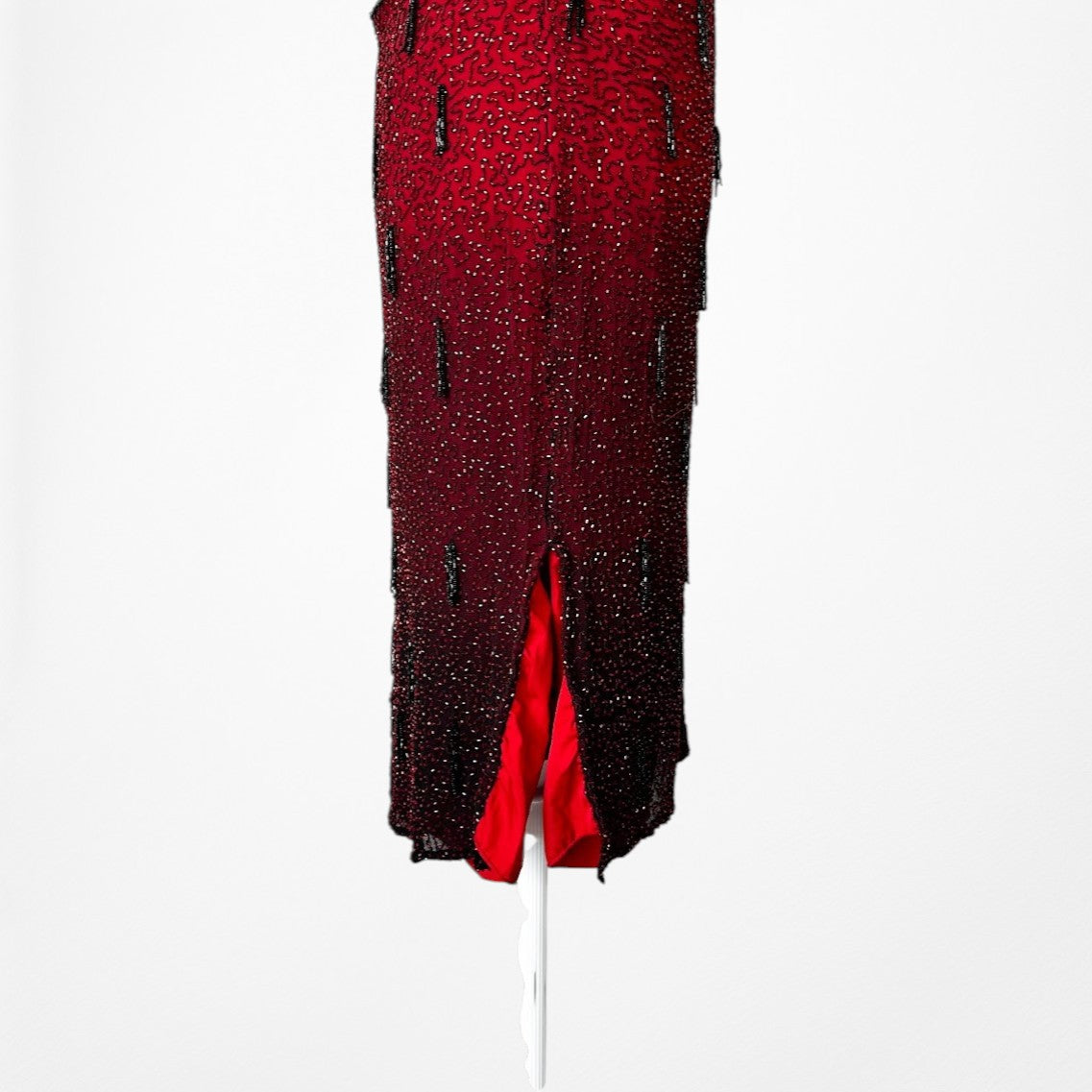 Vintage Y2K Burgundy Red Silk Beaded Knee Length Side Slits Cocktail Dress L