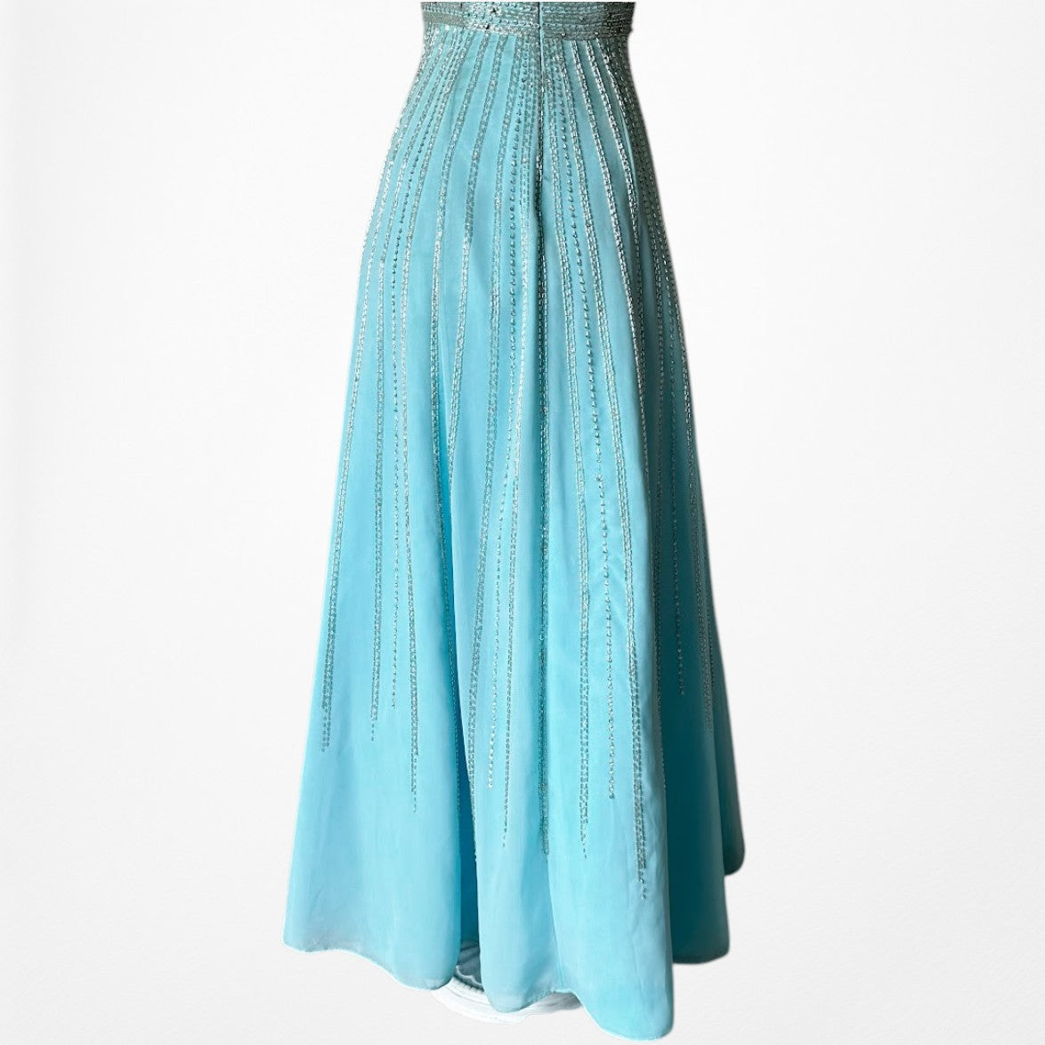 Vintage Y2K Pastel Blue Strapless Beaded Rhinestone Flared Prom Dress Size S/M