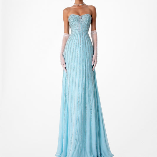 Vintage Y2K Pastel Blue Strapless Beaded Rhinestone Flared Prom Dress Size S/M