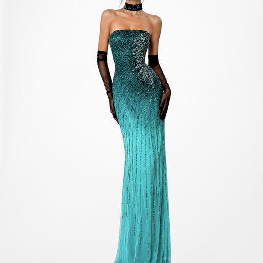 Vintage Y2K Blue Teal Strapless Silk Floral Beaded Maxi Formal Prom Dress Size S
