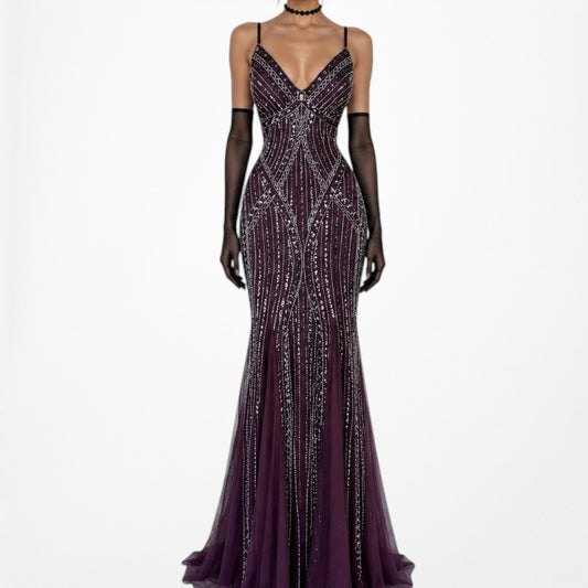 Vintage Y2K Purple Sequin Beaded Mesh Bodycon Formal Maxi Prom Dress Size M/L