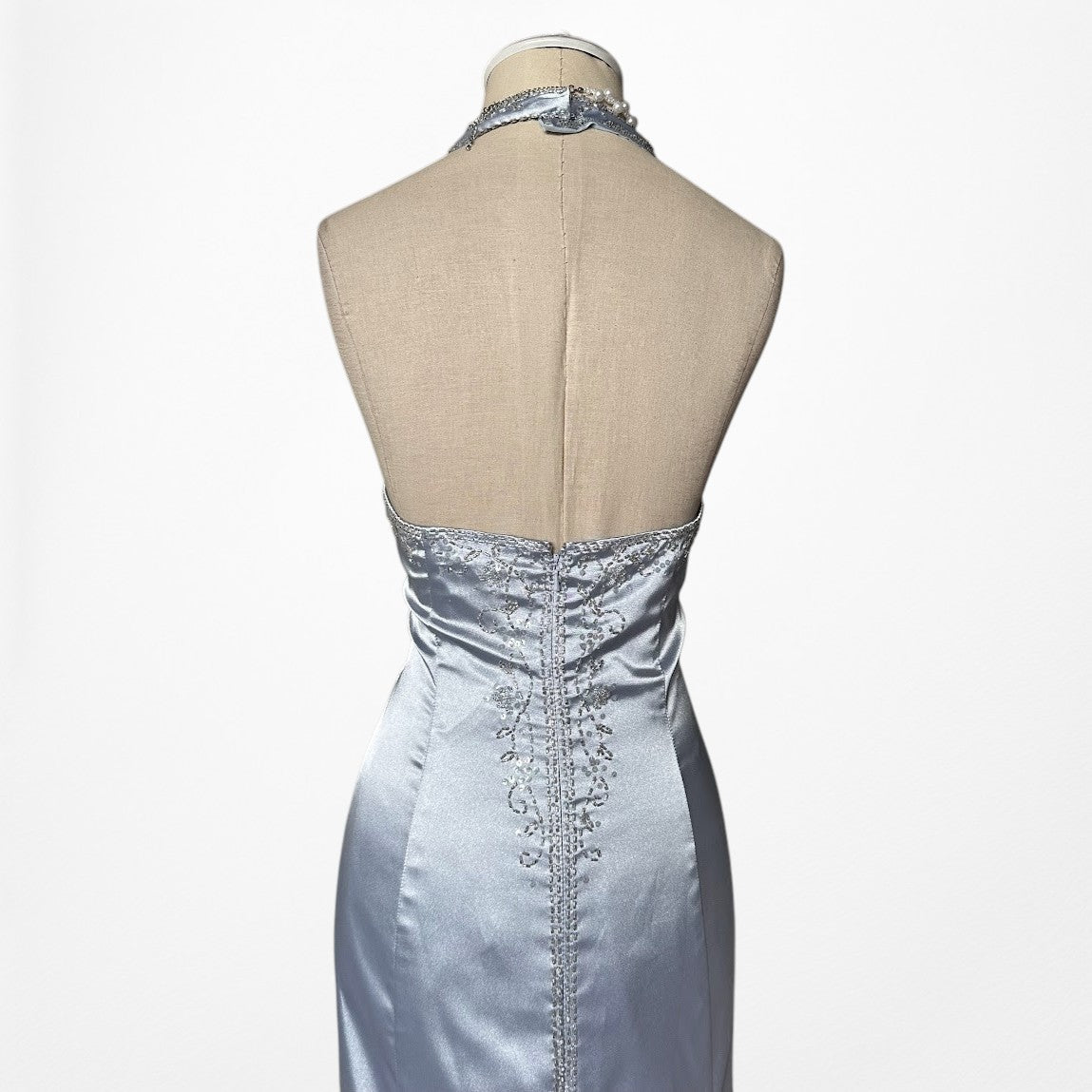 Vintage Y2K Pastel Blue Satin Halter Beaded Fit Flared Maxi Prom Dress Size M/L