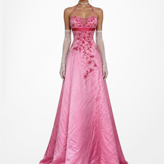 Vintage Y2K Pink Floral Beaded Satin Halter Flared Maxi Formal Prom Dress Size S