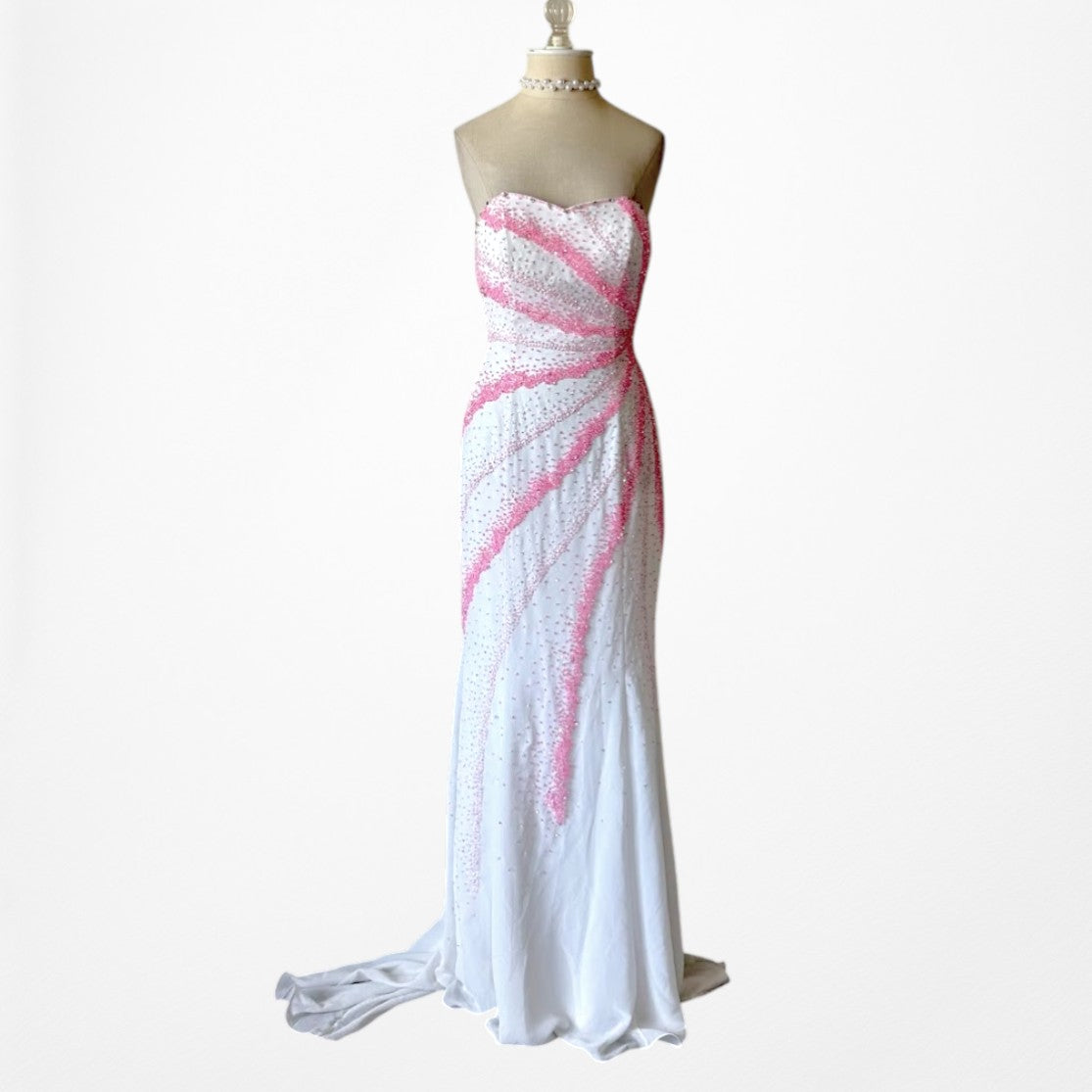 Vintage White Pink Beaded Strapless Bodycon Maxi Prom Dress Size S/M