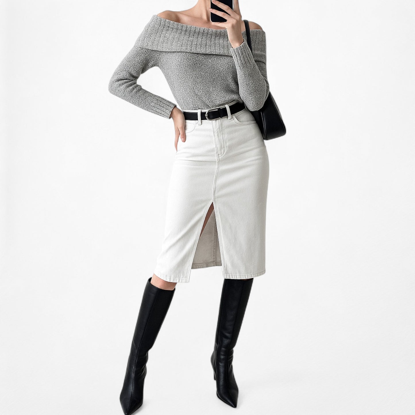 Gray Knit Off The Shoulder Long Sleeve Sweater Top Size S