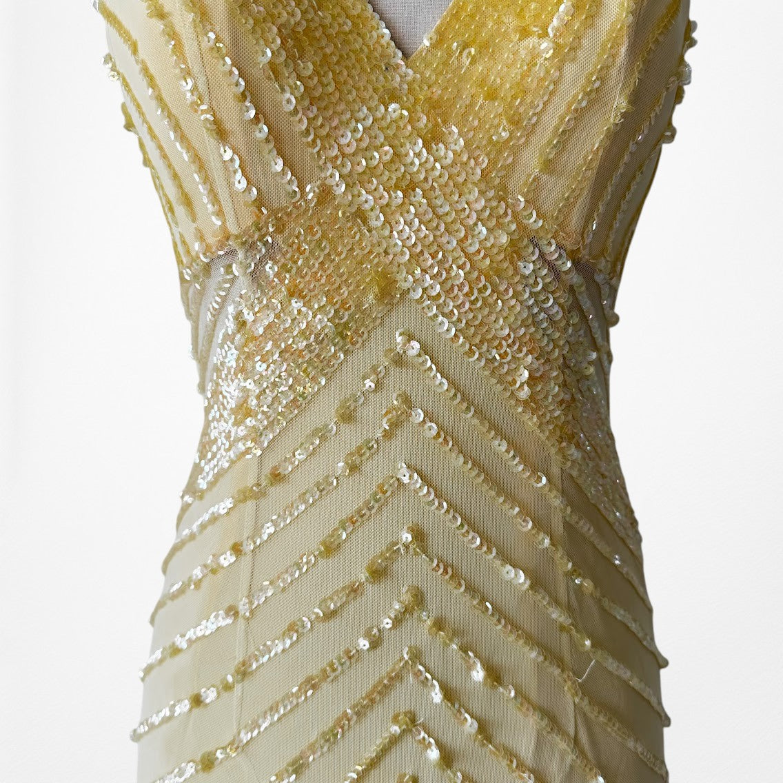 Vintage Y2K Yellow Halter Beaded Sequin Mesh Bodycon Maxi Prom Dress Size XS/S