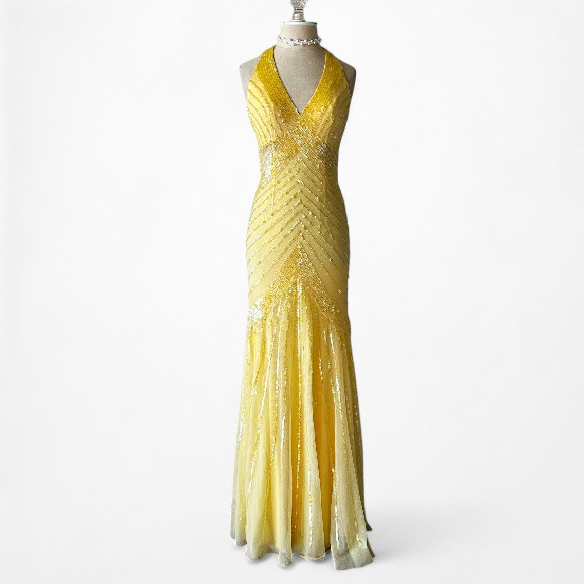 Vintage Y2K Yellow Halter Beaded Sequin Mesh Bodycon Maxi Prom Dress Size XS/S