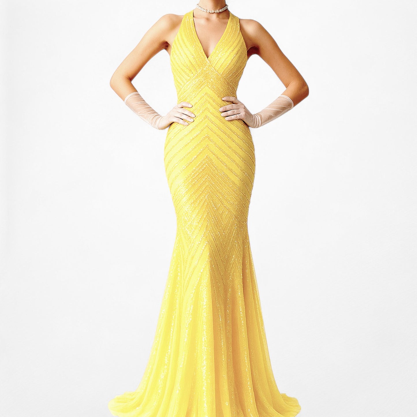 Vintage Y2K Yellow Halter Beaded Sequin Mesh Bodycon Maxi Prom Dress Size XS/S