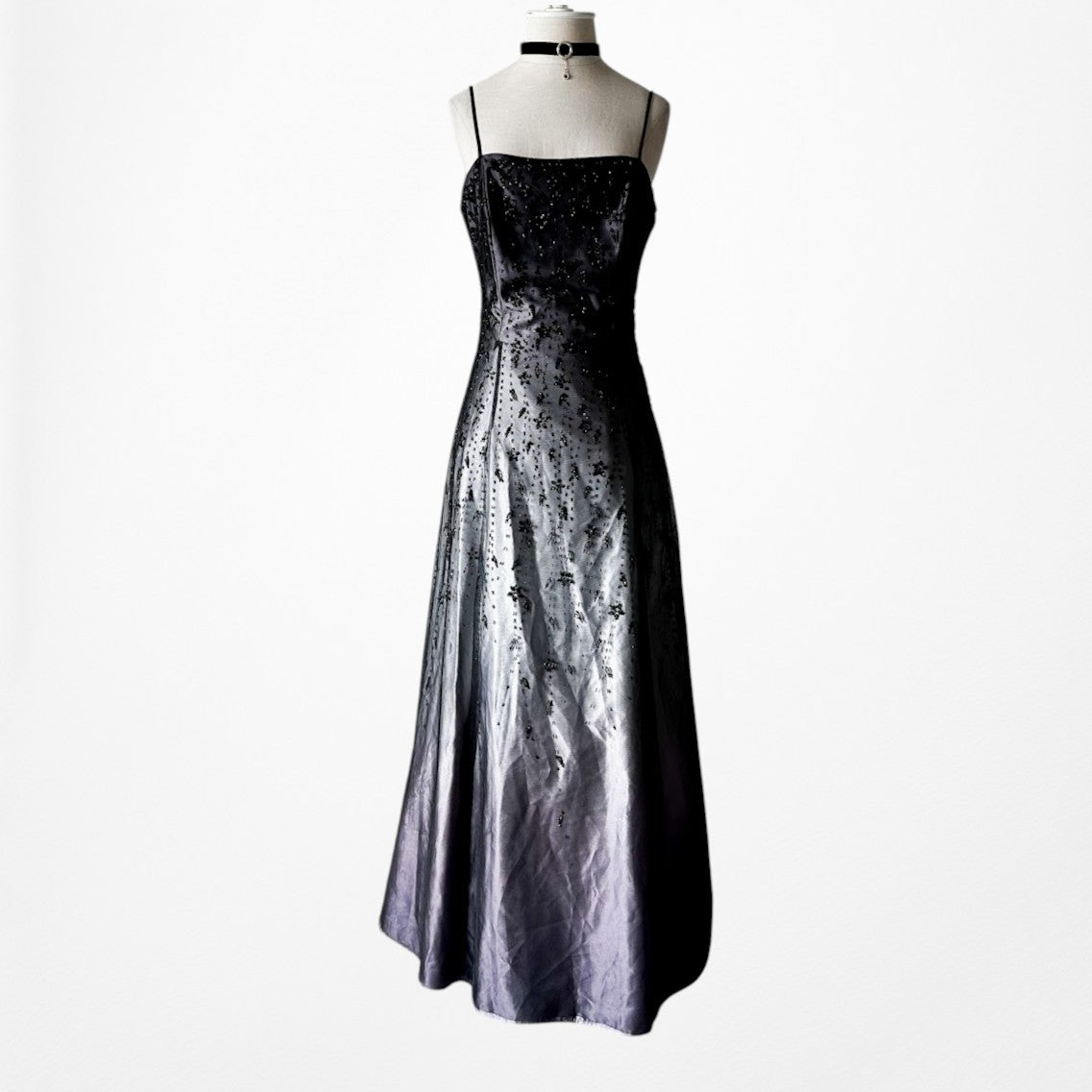 Vintage Y2K Black Purple Beaded Satin Ombre Mesh Fit Flared Maxi Prom Dress S/M