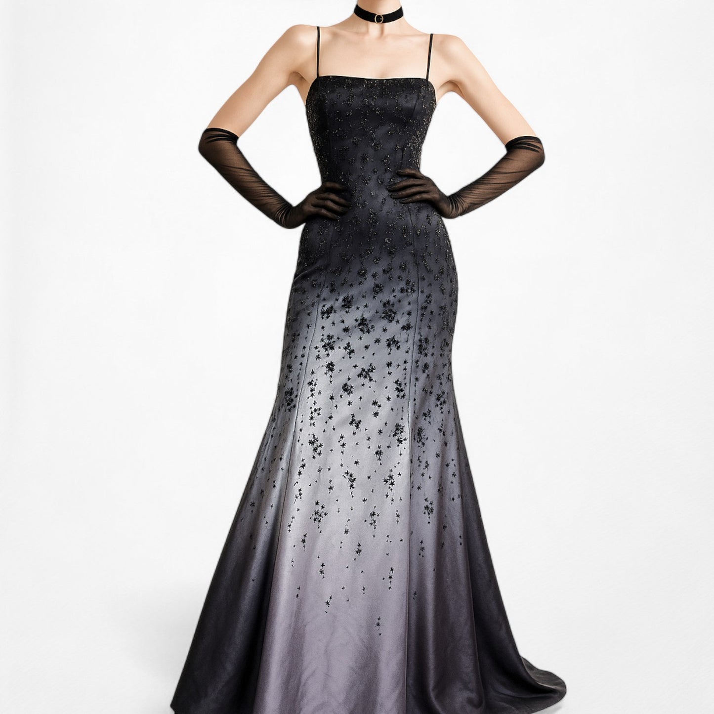 Vintage Y2K Black Purple Beaded Satin Ombre Mesh Fit Flared Maxi Prom Dress S/M