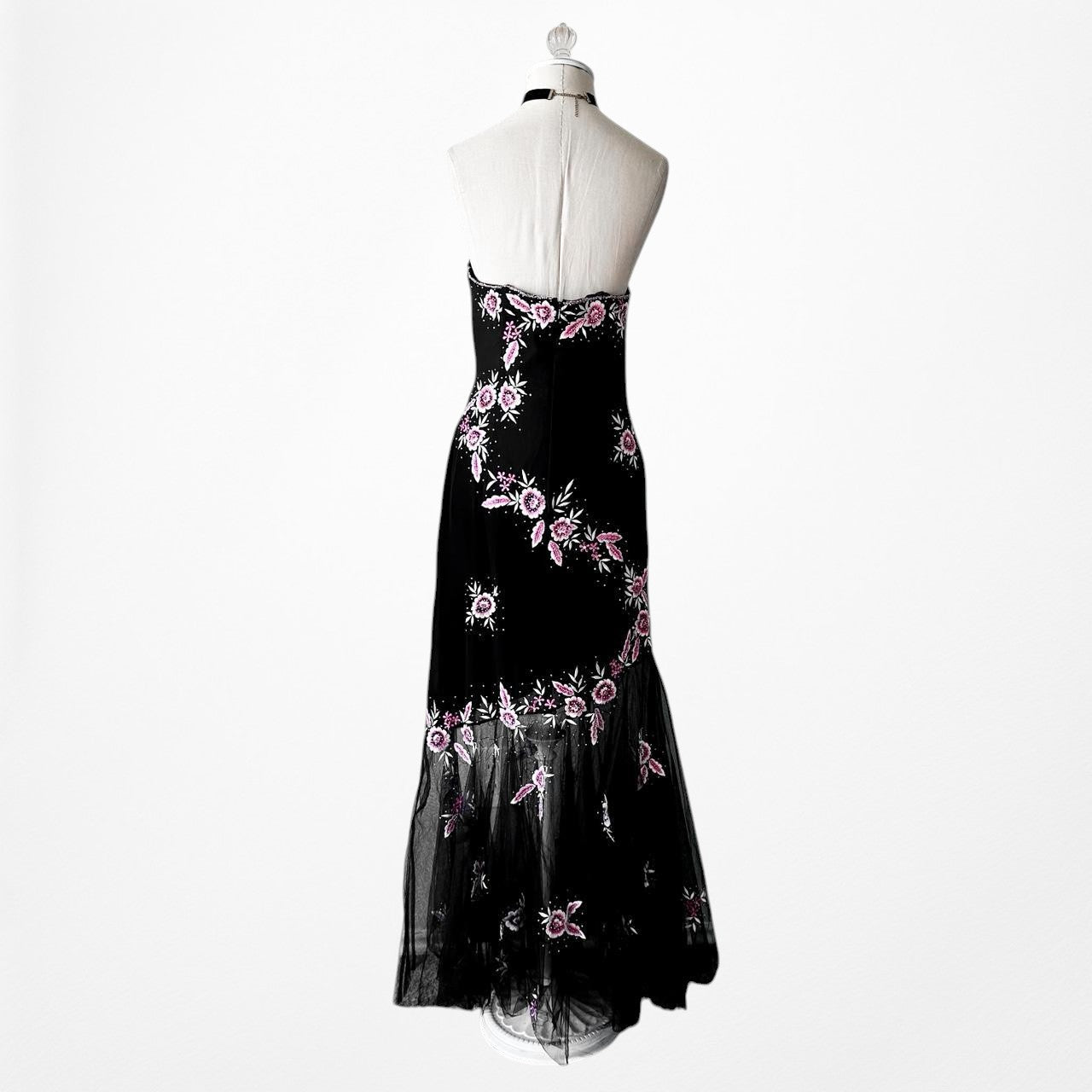 Vintage Strapless Floral Beaded Sheer Tulle Fishtail Maxi Bodycon Prom Dress M