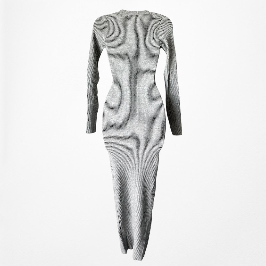 Vintage Y2K Gray Ribbed Knit V-Neck Button Front Midi Bodycon Sweater Dress XS