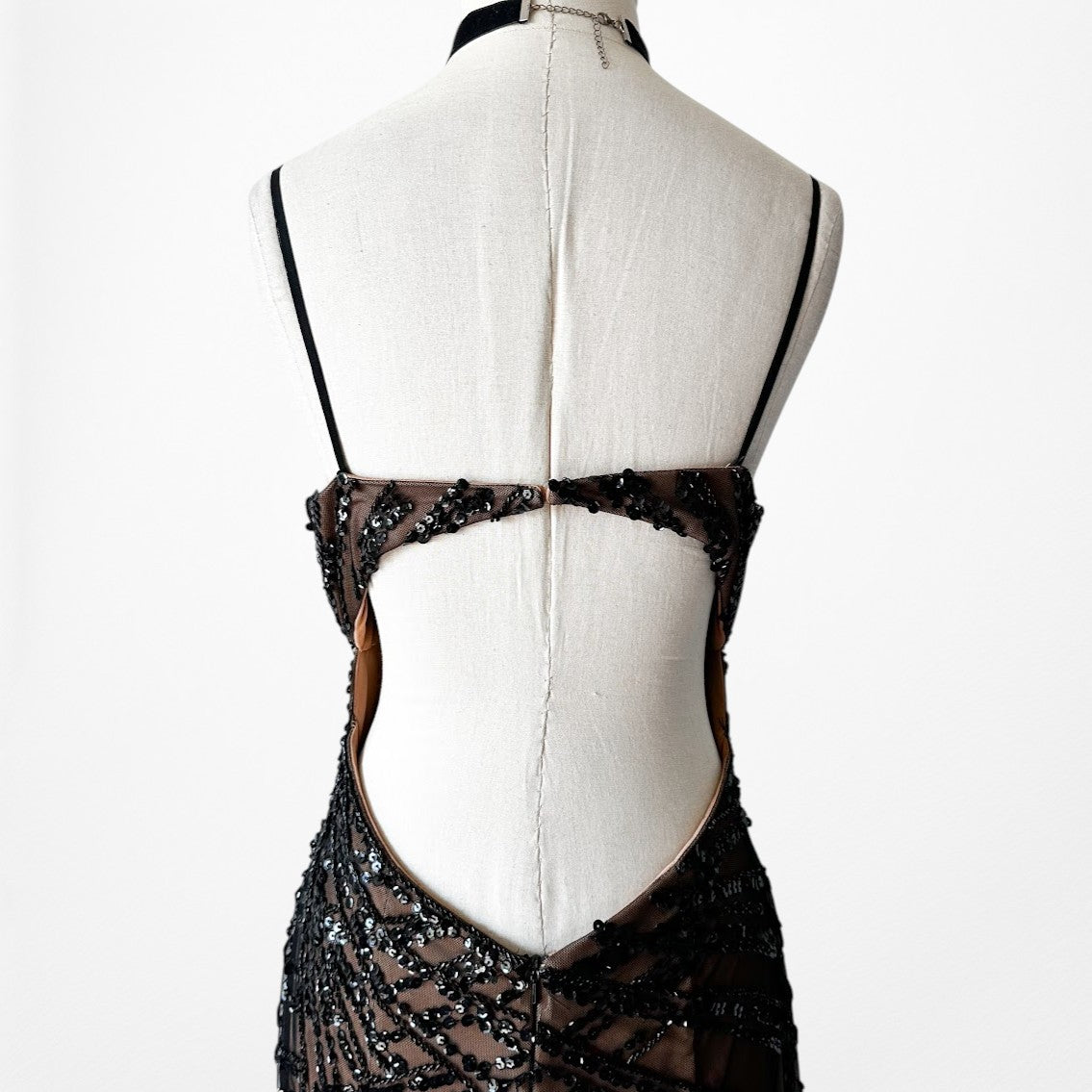 Vintage Y2K Brown Black Beaded Mesh Maxi Bodycon Side Slit Prom Dress Size M/L