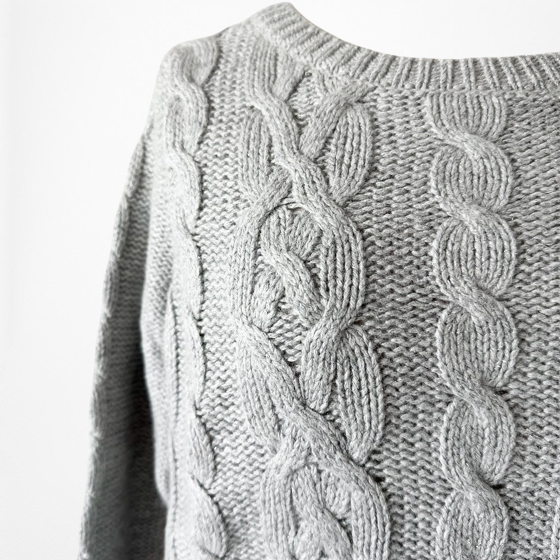 Vintage Y2K Gray Metallic Cable Knit Oversized Wool Blend Sweater Size S