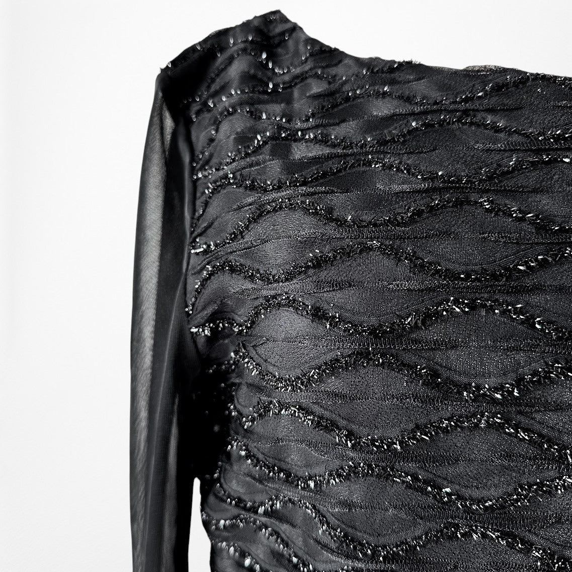 Vintage Y2K Black Long Bell Sleeve Glitter Embellished Blouse Top Size M