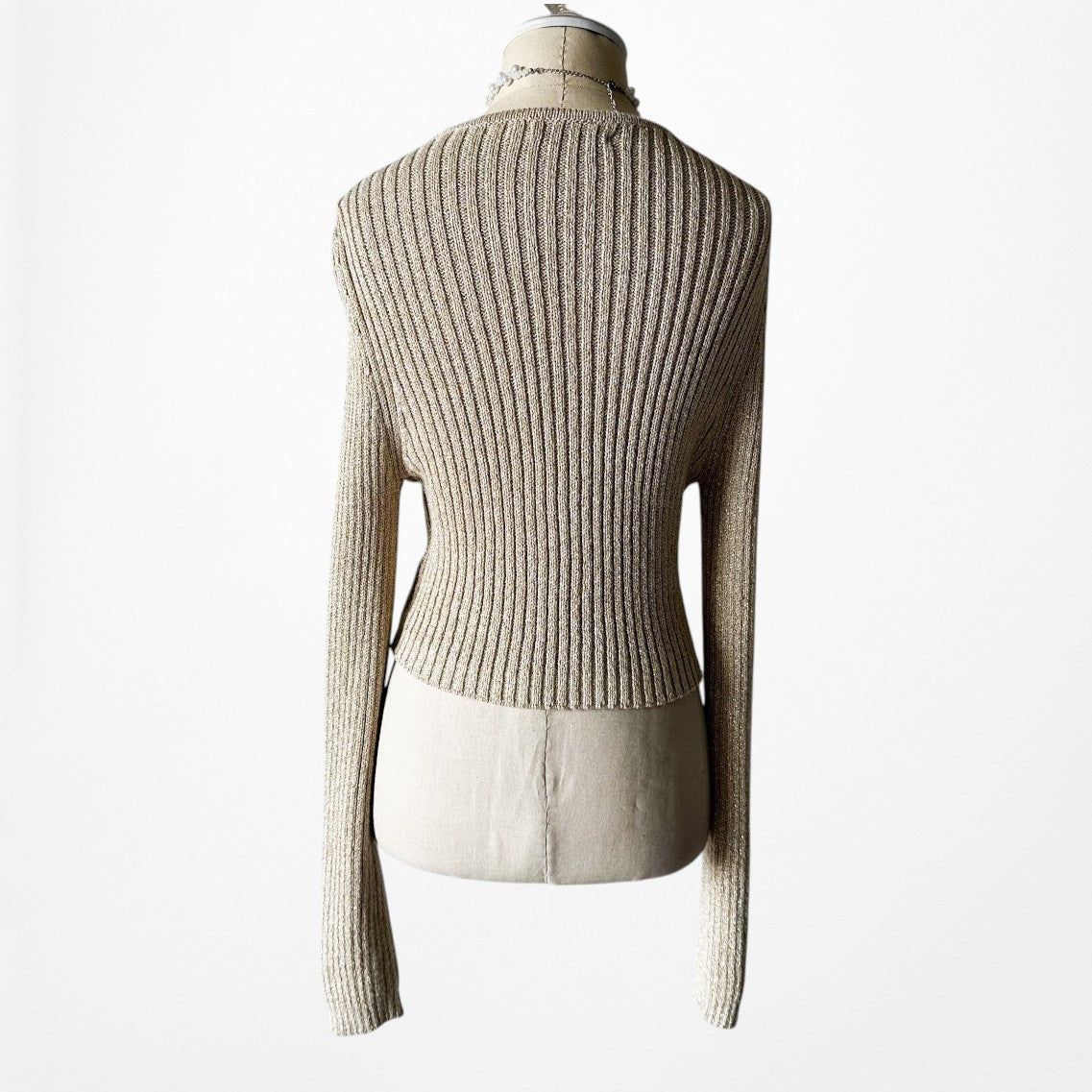 Vintage Y2K Gold Sequin Metallic Ribbed Knit Cropped Cardigan Sweater Size S