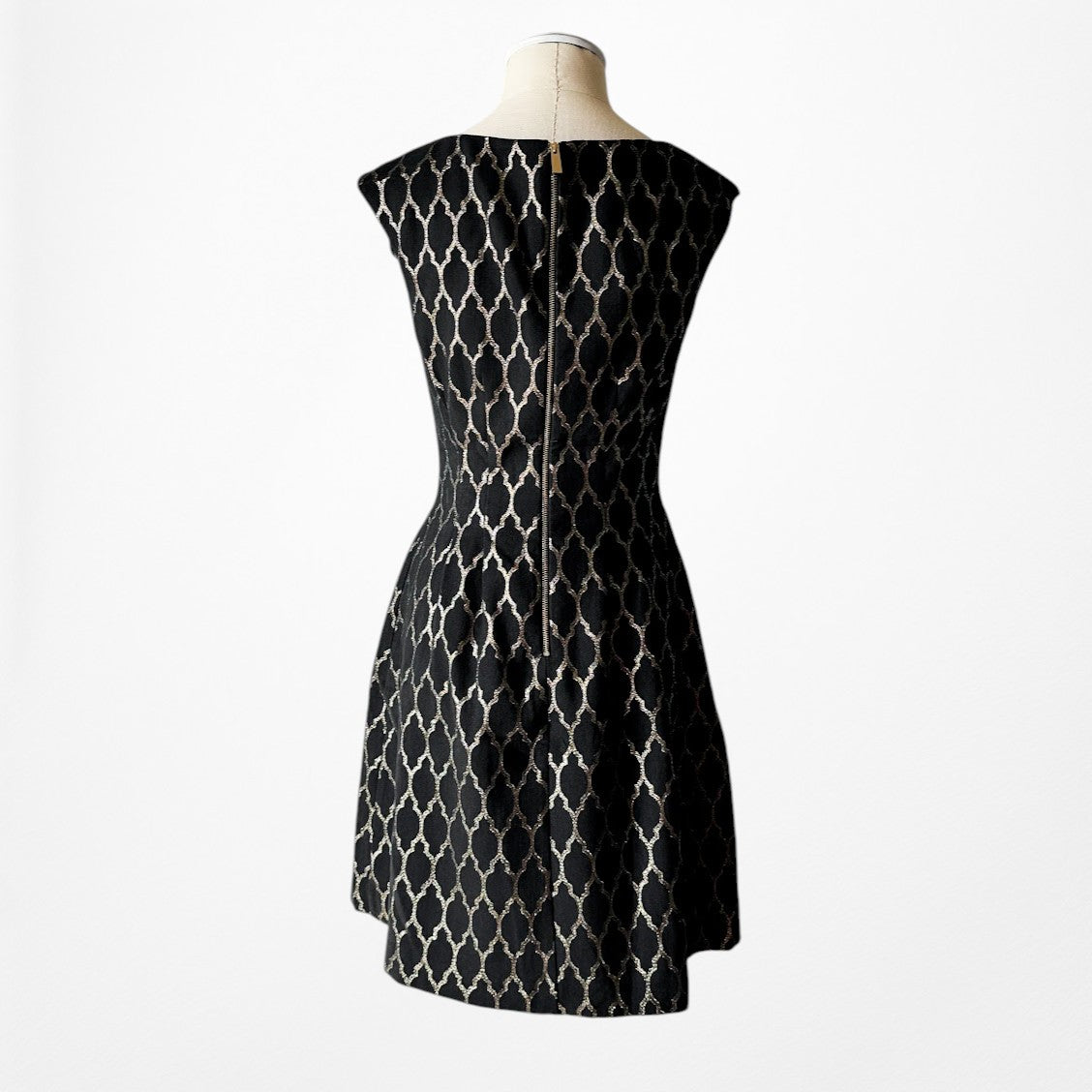 Vintage Y2K Black Gold Print Pattern Knee Length Flared Cocktail Dress Size M