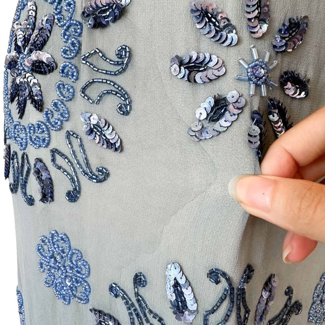 Vintage Blue Silk V-Neck Floral Beaded Bodycon Side Slit Maxi Prom Dress XS/S