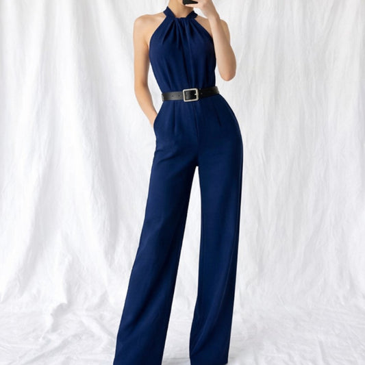 Vintage Y2K Navy Blue Sleeveless Halter Wide Leg Jumpsuit Size M