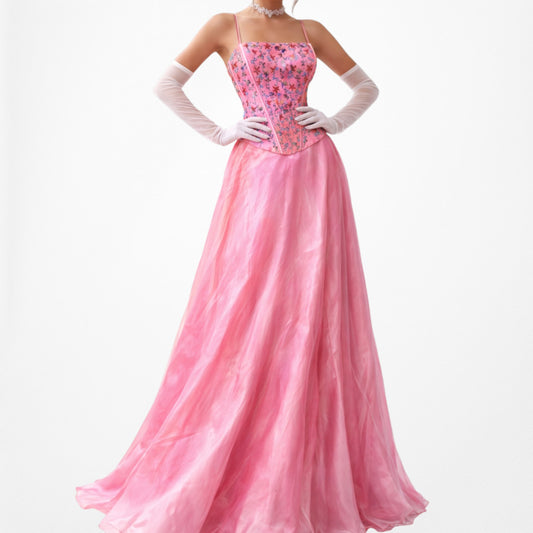 Vintage Y2K Pink Strapless Corset Beaded Ruffle Organza Maxi Prom Dress XS/S