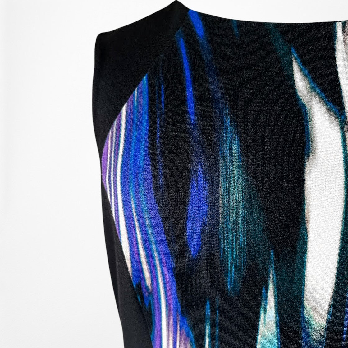 Vintage Y2K 90s Black Blue Abstract Print Bodycon Knit Knee Length Dress Size M