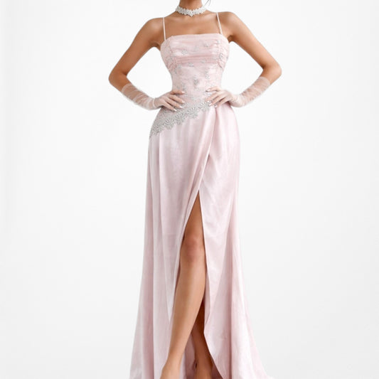 Vintage Y2K Pastel Pink Embroidered Mesh Wrap Hem Satin Maxi Prom Dress Size S