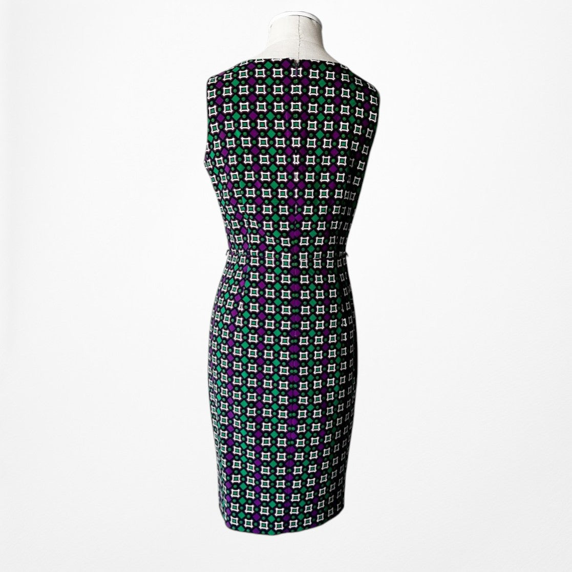 Vintage Y2K Purple Green Knee Length Sleeveless Retro Print Sheath Dress Size M