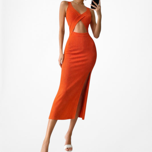 Zara Orange Ribbed Knit Cutout Midi Side Slit Sleeveless Bodycon Dress Size S/M