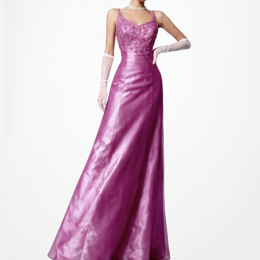 Vintage Y2K 90s Purple Pink Floral Beaded Organza Flared Maxi Prom Dress Size M