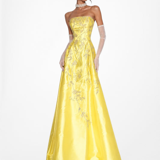Vintage Y2K 90s Yellow Floral Strapless Beaded Flared Maxi Prom Dress Size S