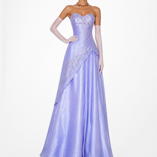 Vintage Y2K Purple Strapless Organza Beaded Flared Maxi Formal Prom Dress Size M