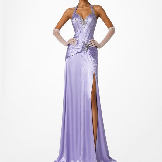 Vintage Purple Satin Halter Beaded Side Slit Maxi Prom Formal Dress Size XS/S