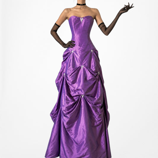 Vintage Purple Strapless Princess Satin Tulle Lined Flared Maxi Prom Dress M