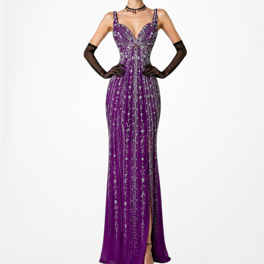 Vintage Y2K 90s Purple Beaded Rhinestone Side Slit Formal Maxi Prom Dress Gown S