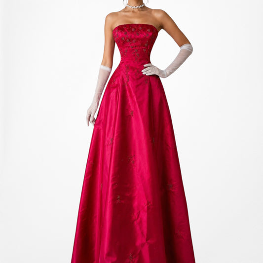 Vintage Y2K Pink Strapless Floral Beaded Tulle Flared Maxi Prom Dress Size XS/S