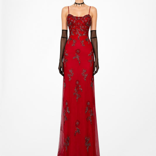 Vintage Y2K Red Floral Beaded Mesh Maxi Formal Bodycon Prom Dress Gown Size S