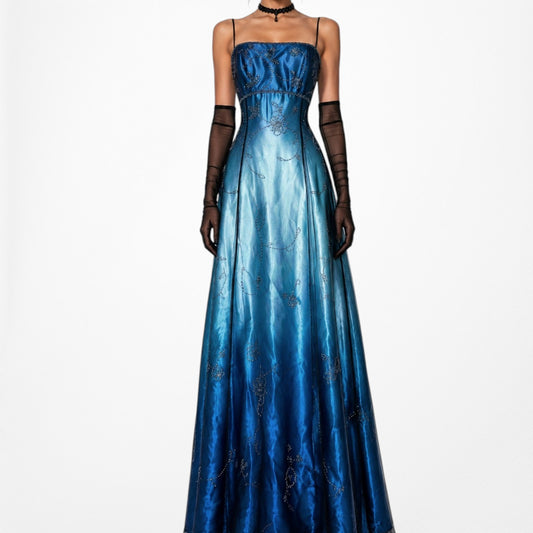 Vintage Y2K Blue Satin Ombre Floral Beaded Flared Mesh Maxi Prom Dress Size M/L
