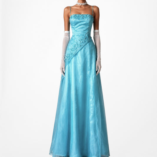 Vintage Y2K Blue Floral Beaded Mesh Flared Tulle Prom Maxi Formal Dress Size S
