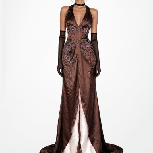 Vintage Y2K Brown Floral Beaded Satin Halter V-Neck Maxi Prom Dress Size M