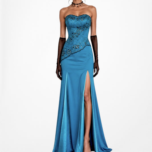 Vintage Y2K Blue Strapless Floral Beaded Lace Side Slit Maxi Prom Dress Size S