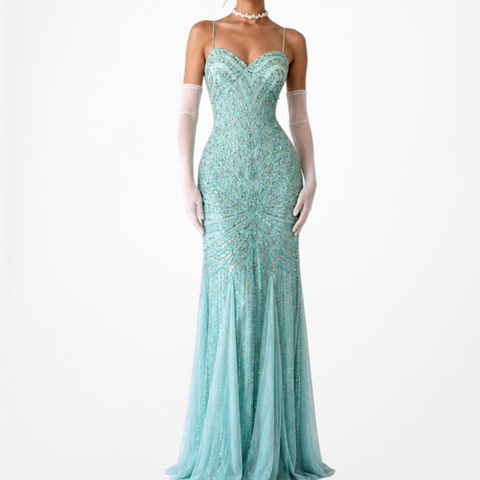 Vintage Y2K Pastel Blue Beaded Mesh A-Line Formal Maxi Prom Dress Size M