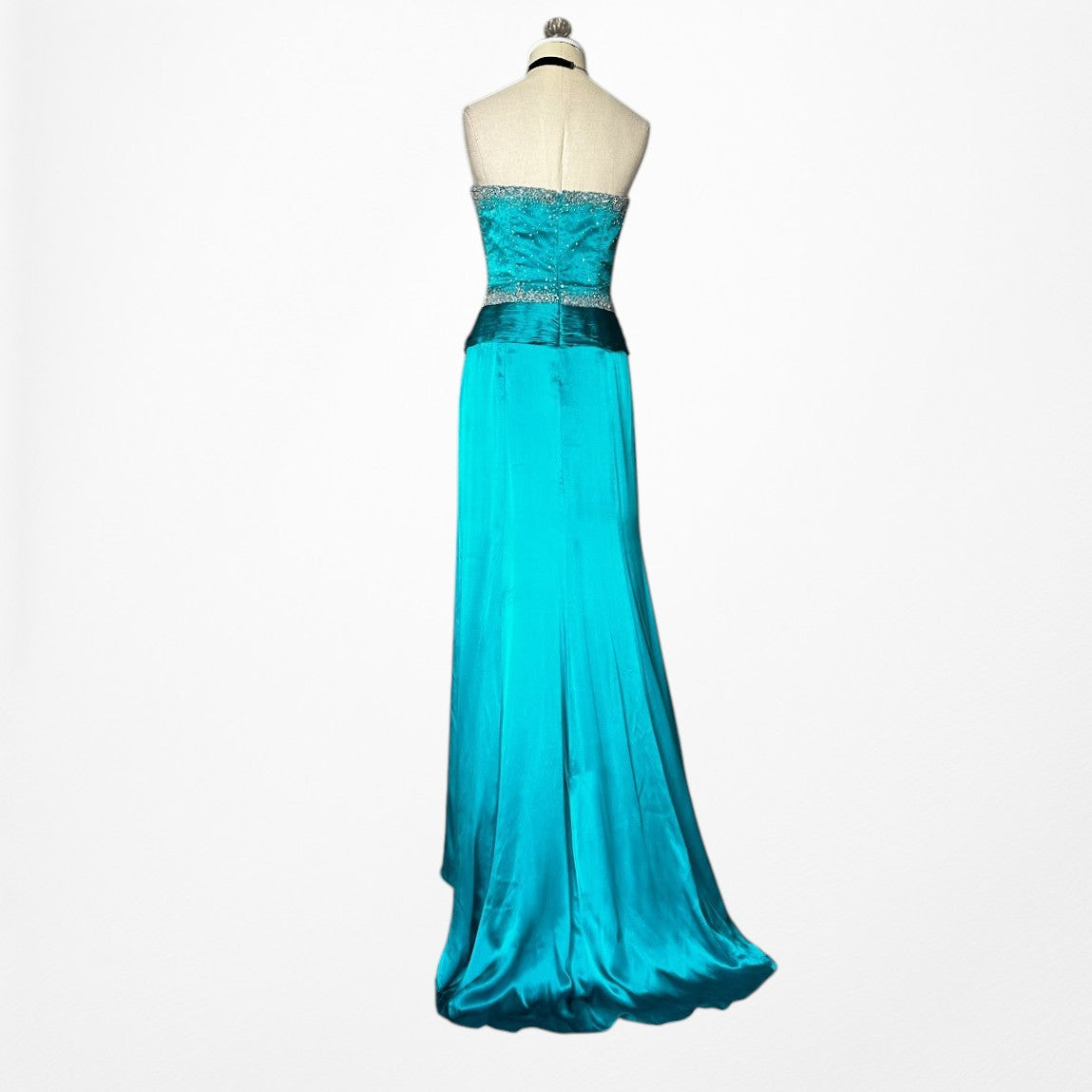 Vintage Y2K Blue Silk Beaded Strapless Ruffle Side Slit Maxi Prom Dress Size S